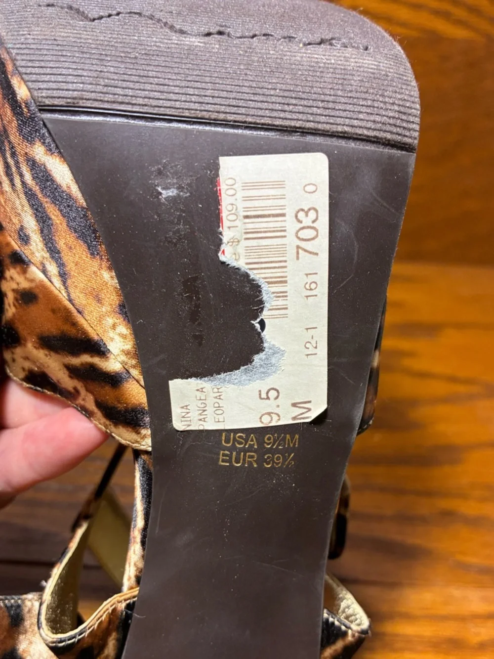 Nina Leopard Print Satin Ankle Strap Platform Open Toe Heels Tan Brown Size 9.5